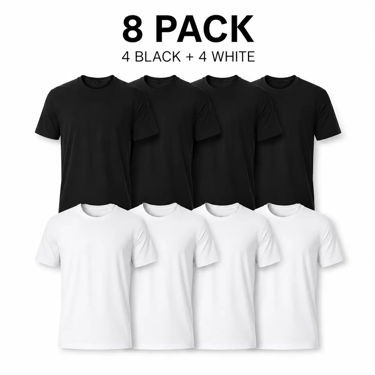 Women's Round Neck Short Sleeve T-Shirts 8-Pack (4 Black + 4 White), Loose-Fit Unisex Soft Cotton Casual Streetwear Tops (Under $3.38 Each), Solid Plain, Machine Washable, Blank Base T Shirts for Women