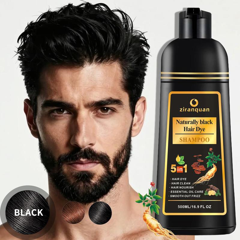 Natural Black Hair & Beard Color Shampoo with Organic Ginseng & Ginger Root Extract, 5-in-1 Instant Gray Coverage Formula for Men & Women, Sulfate-Free & Ammonia-Free Herbal Dye, Restores Shine & Strength, Long-Lasting Salon Results at Home, 16.9 Fl Oz