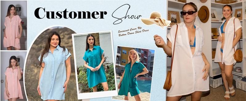 Women's Bathing Suit Cover Ups Summer Shirt Dress Casual Short Sleeve Button Down Beach Shirts with Pockets S-XXL