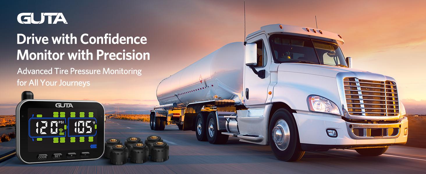 GUTA Trailer Tire Pressure Monitoring System, RV Tire Pressure Monitor with 6 Alert Modes, Power Saving Mode, Large Color Display, Long Sensing Distance, 0-188PSI TPMS for RV Trailer Semi GUTA Trailer Tire Pressure Monitoring System, RV Tire Pressure Monitor with 6 Alert Modes, Power Saving Mode, Large Color Display, Long Sensing Distance, 0-188PSI TPMS for RV Trailer Semi
