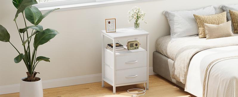 Nightstand with Charging Station and 2 Fabric Drawer, Bedside Table Furniture with USB Ports and Outlets
