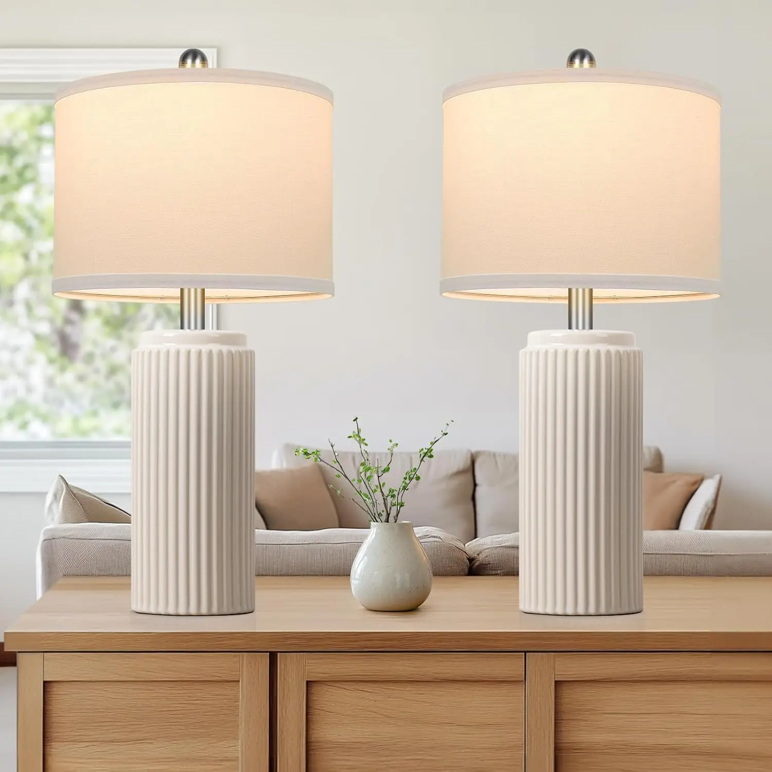 MATULSA 2 Pack 23.5’’ Modern Ceramic Table Lamps, Mother's Day Gift Farmhouse Vintage Bedside Table Lamps with White Linen Shade, Rustic Bedroom Ceramic Lamps for Nightstand Home Office End Table Dorm