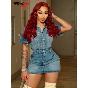 Trendgirl Elegant Stretch Short Sleeve Dress Denim Summer Women Slim Solid Pockets Birthday Party Bodycon Jean Mini Vestido Casual Collar