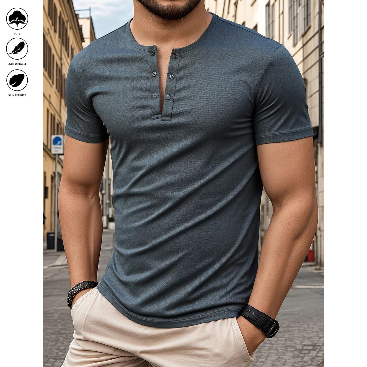 5pcs Men's Fine Pure Color Design Fashion Round Neck Short Sleeve Outdoor Sports Casual Henry Shirt
