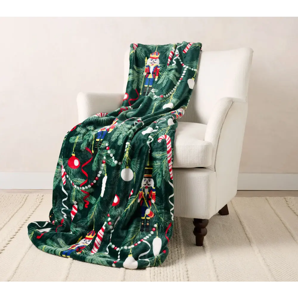 Christmas Nutcracker Blanket, Soft Flannel Throw Blanket with Green Holiday Tree Ornament Candy Cane Print, Cozy Gift for Women Girls Kids and Christmas Lovers, Cute Winter Blanket for Bed Couch Sofa Living Room, Lightweight Warm Blanket for Movie Night