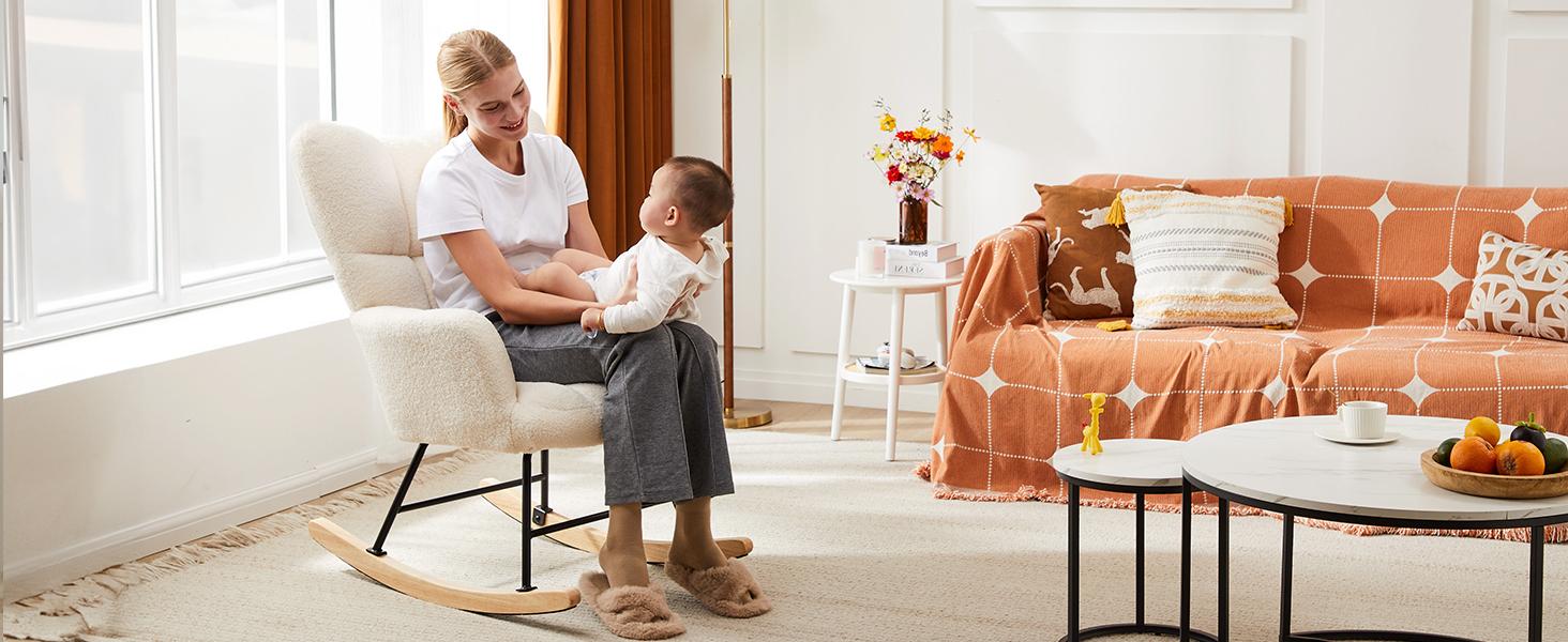 Modern Teddy Fabric Chair for Mom, Accent Upholstered Rocker Glider Chair with High Backrest for Bedroom Living Room