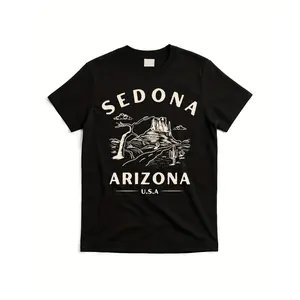Men'S Vintage Sedona Arizona Desert Landscape T-Shirt - Black with White Cactus & Red Sunset Graphic, Soft Breathable Casual Tee for Southwest Travel Souvenir, Casual Attire & Desert Hiking Apparel, Graphic Tee Men