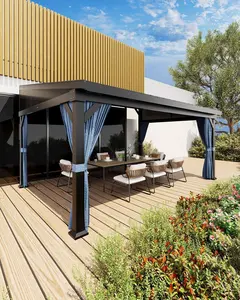 10'X14' Wall-Mounted Lean-to Gazebo – Galvanized Steel Roof with Gutters & Sliding Netting/Curtains, Weather-Resistant Pergola for Patio & Backyard