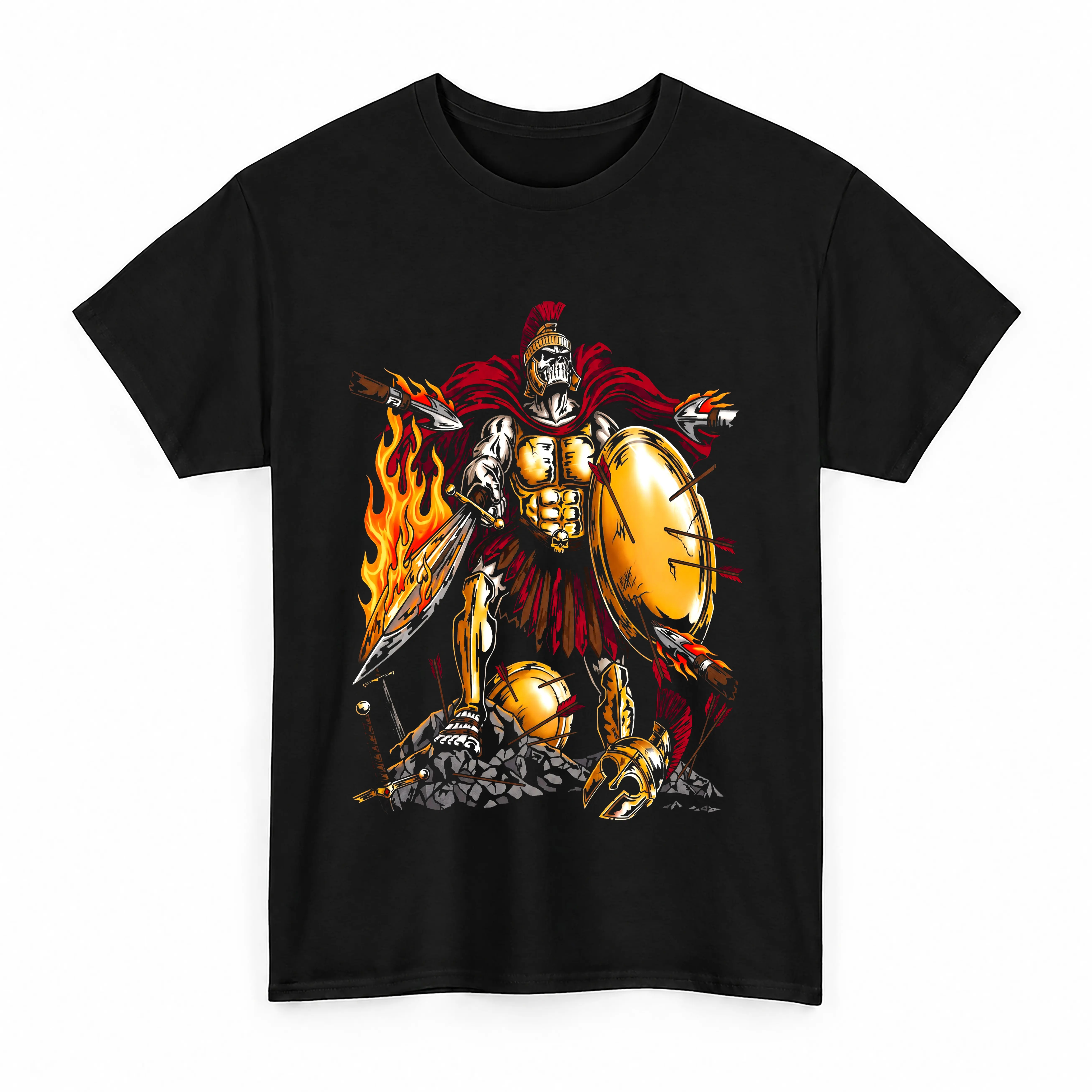 Battle Fallen Spartan Warrior T-Shirt Ancient Gladiator Skeleton Graphic Tee Fire & Armor Vintage Shirt