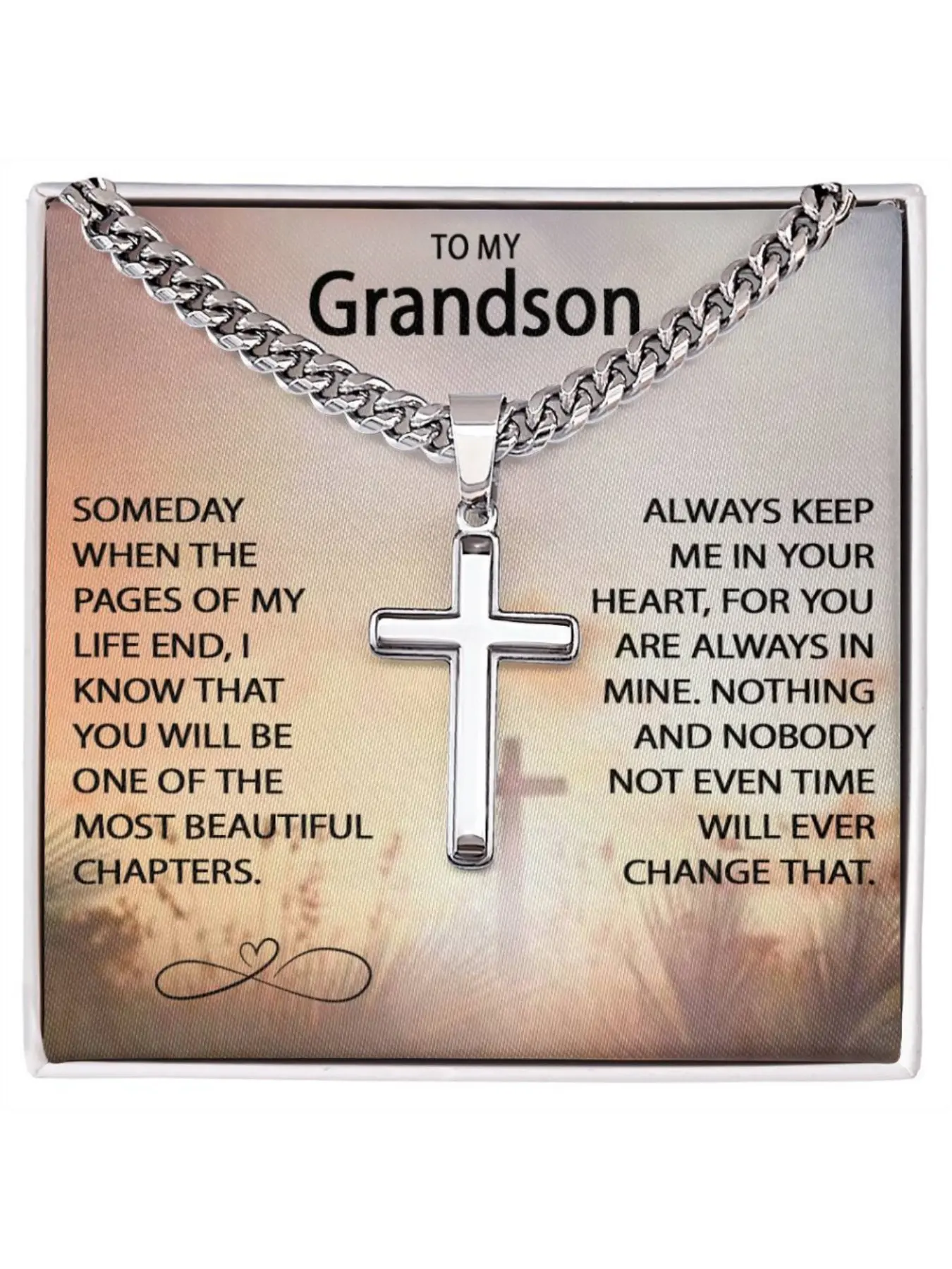 To My Grandson Stainless Steel Cross Chain Design Necklace with Message Card and Gift Box Graduation Gift, Faith Jewelry,Confirmation Gift