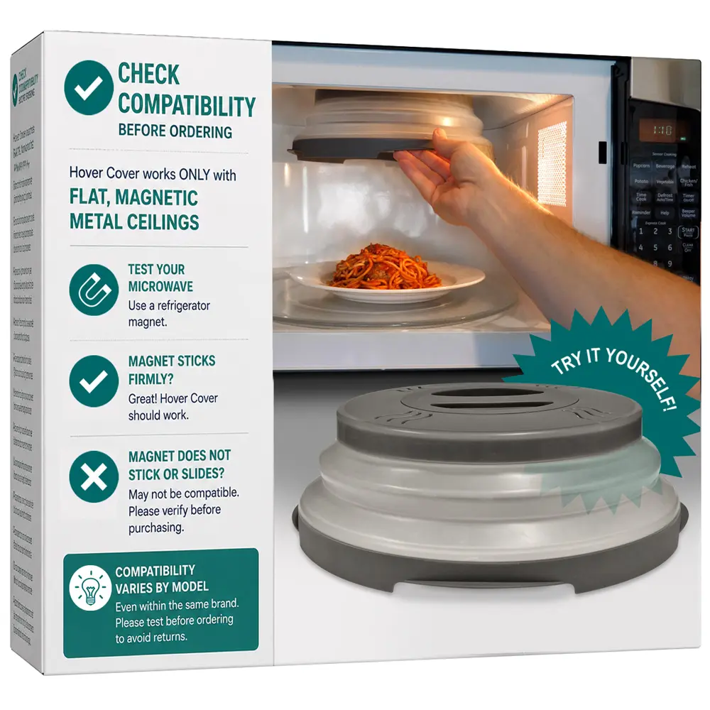 HOVER COVER Magnetic 12-Inch Clear BPA-Free Kitchen Utensil Food Lid, Collapsible Vented Plate Guard, Anti-Splash Microwave Accessory, Dishwasher Safe, Space-Saving, Utensils
