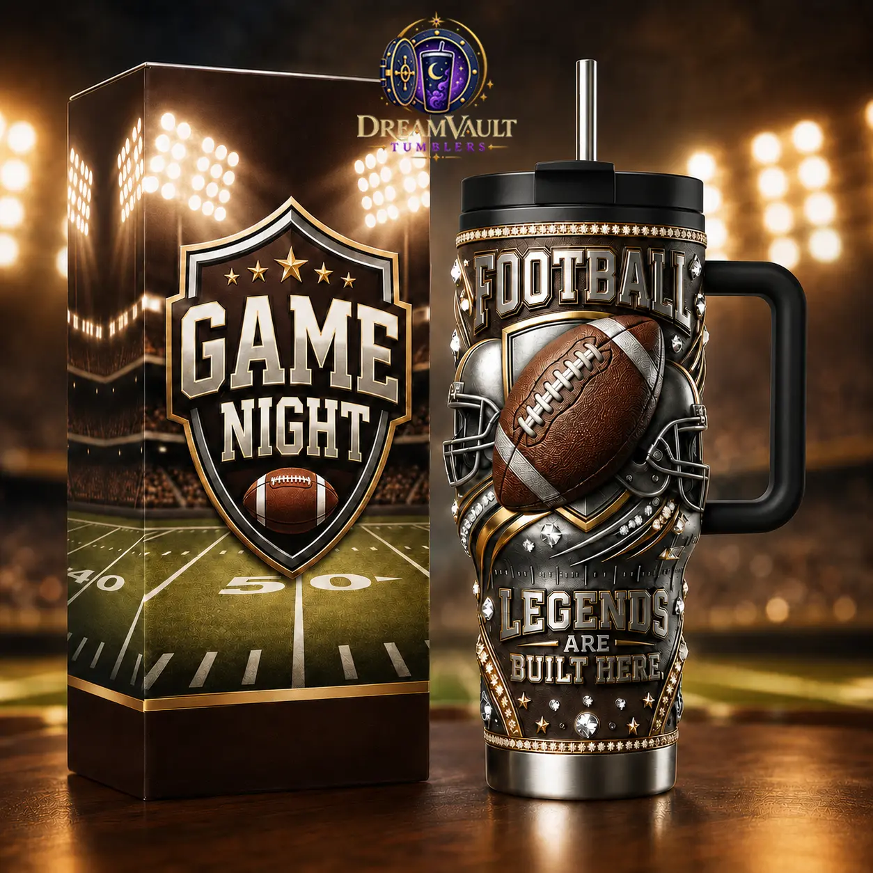 DreamVault Football “Legends Are Built Here” 2026 40oz Tumbler with Handle & Straw, American Football Insulated Stainless Steel Travel Mug, Game Day Sports Fan Gift, Football Lover Drinkware