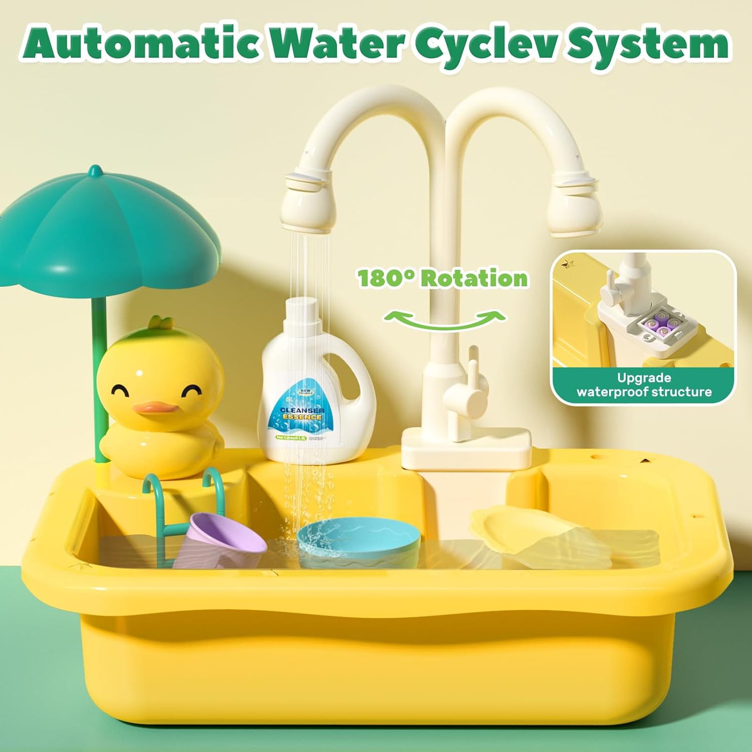 CUTE STONE Play Sink with Running Water, Play Kitchen Sink Toys with Play Food & Kitchen Utensils, Pool Floating Toys for Fishing Game, Safe ABS Plastic, 1.7L Capacity, Ideal for Kids