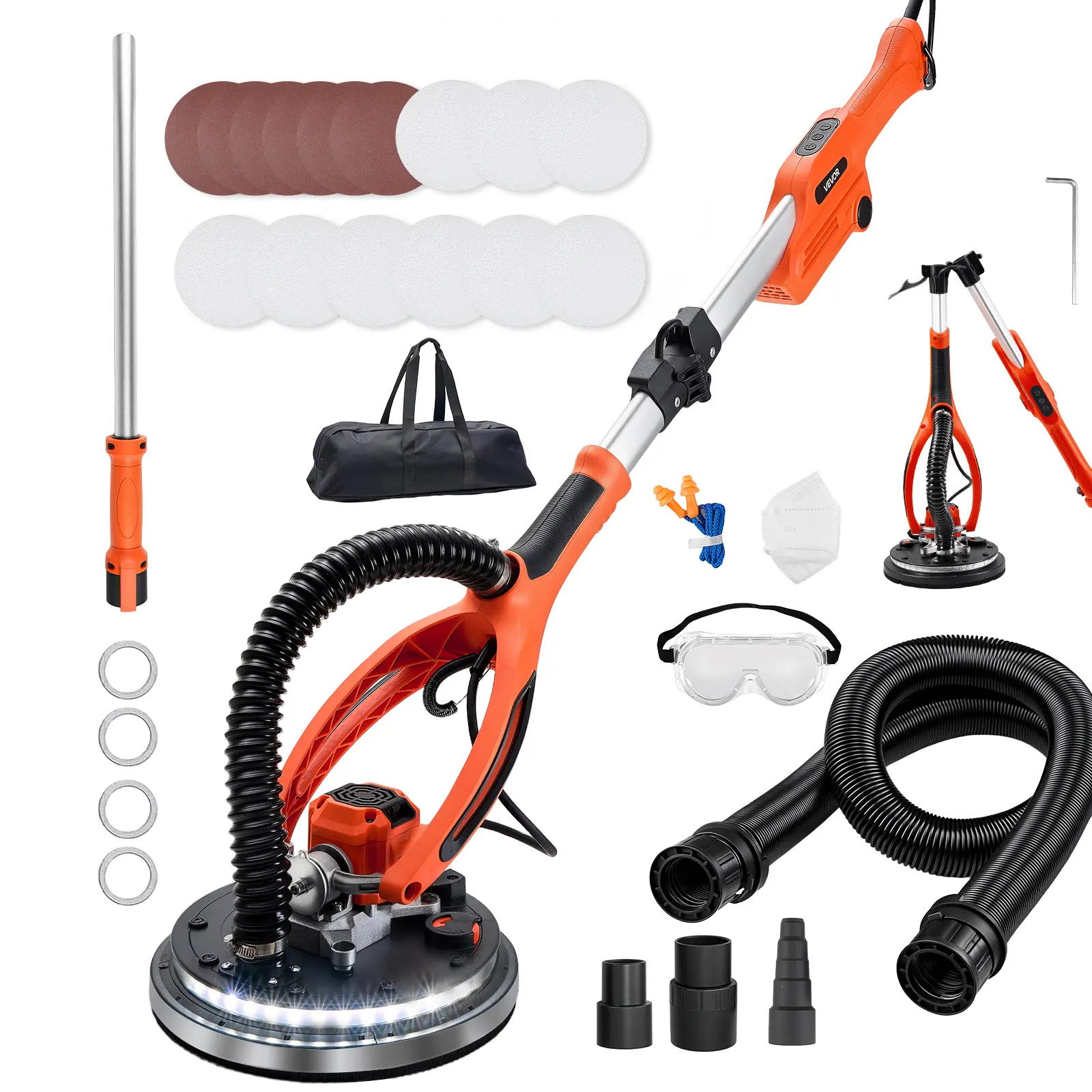 【SummerFinds】VEVOR 950W 1.3 HP Electric Drywall Sander, 7-Speed Control (1000-2300 RPM), 360° Disc Rotation, Double-Deck LED Lights, 4.6-5.9 ft Foldable Extendable Swivel Handle, 15 Sanding Discs, Dust Hose for Ceiling Work Ease, Thick Paint, DIY Projects