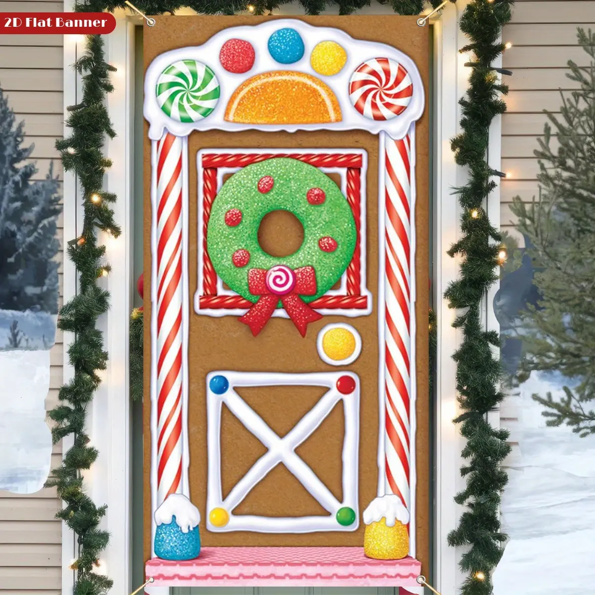 2D Flat, 1pc Gingerbread Door Classic Holiday Door Cover Design, Red and Green Wreath with Colorful Lights & Bells Decorations, Christmas Trees Bear Watches for a Cozy Festive Atmosphere