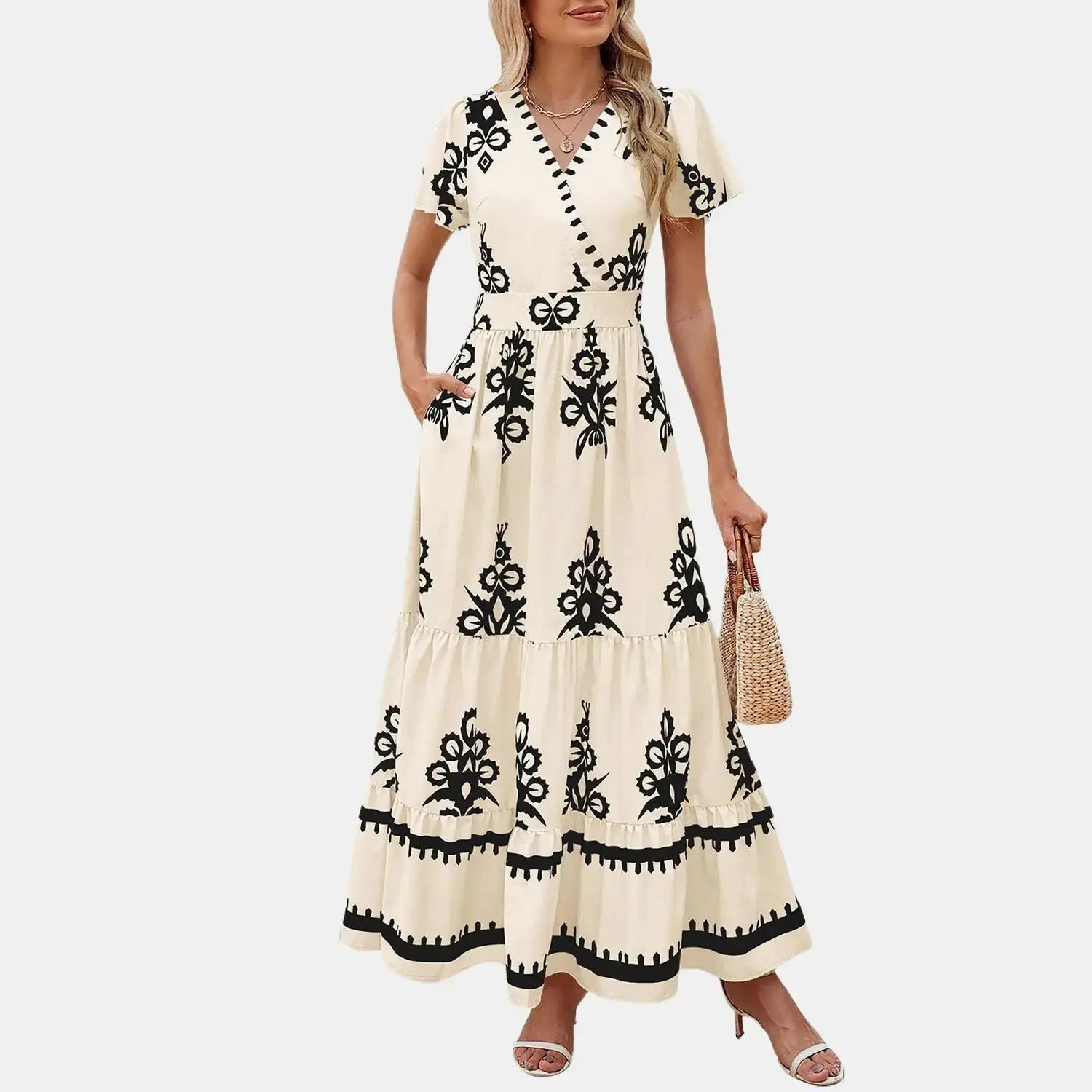 PrettyGarden Women's Summer Casual V Neck Boho Maxi Dress Flowy Aline Bell Sleeve Tiered Floral Dresses with Pocket Comfort Bohemian Womenswear V-Neck Short Sleeve