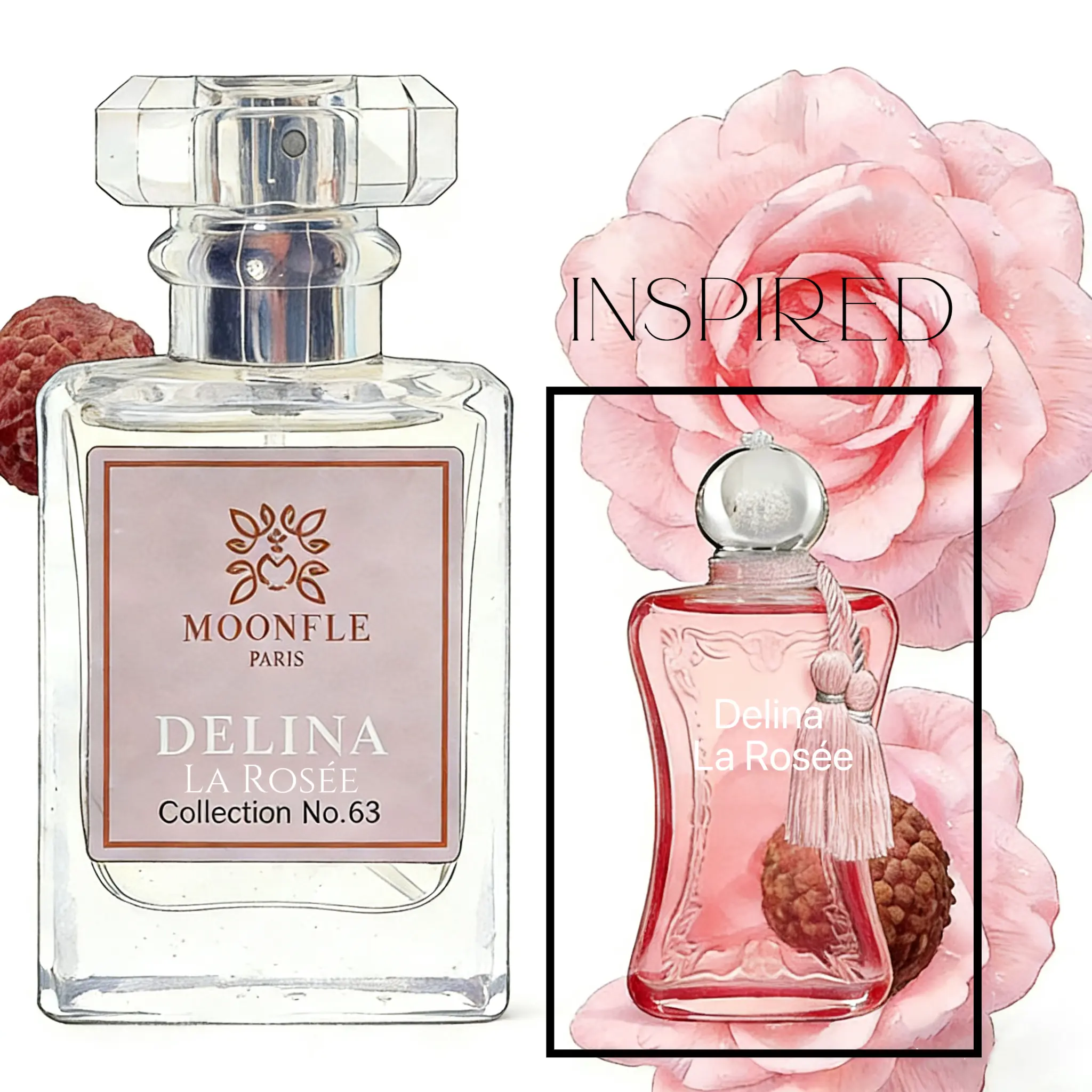 No.63 Delina La Rosée  2021 Floral Top:Lychee, Pear, Bergamot Middle:Turkish Rose, Peony, Lily of the Valley Base:Soft Wood, White Musk  Size: 30ML 1oz MOONFLE Women Long Lasting Oil Base Fragrance Parfume
