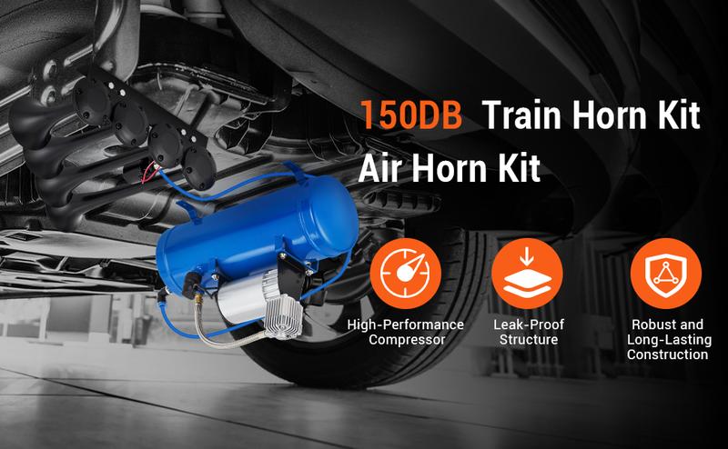 【GARVEE】4 Trumpets Train Horns Kit with 150DB Sound, Available with 1 or 1.6 Gallon Tank, 120-150 PSI Air Compressor, 12V Power for Trucks, Cars, Motorcycles, SUVs, RVs, Vans, Boats, and More