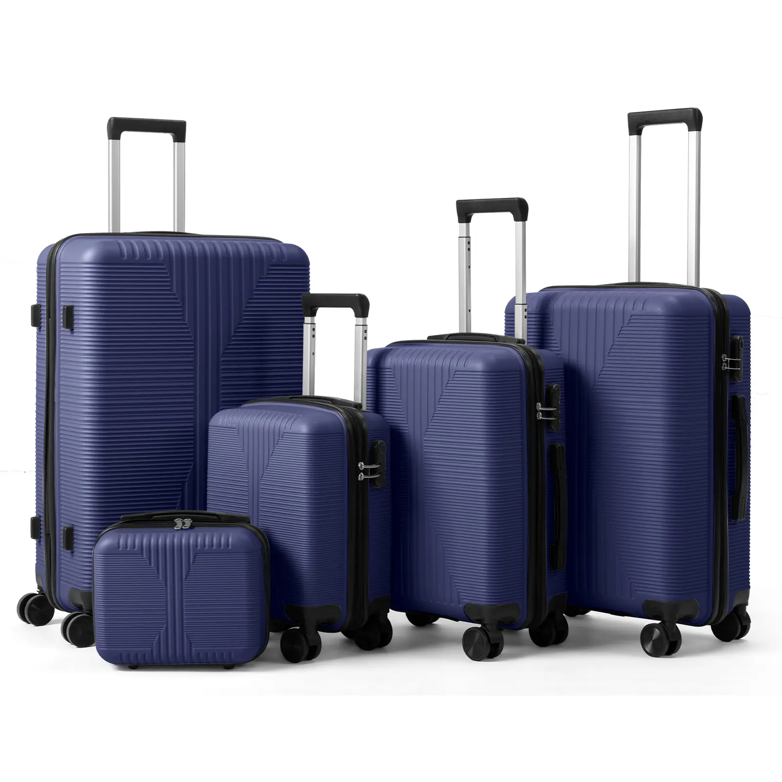 5-Piece Navy Blue Hardside Luggage Set, PP & ABS Suitcases for Travel with 360-Degree Spinner Wheels, Secure Zip, and Built-in Lock, Locks, 16 Inch, 4 Wheels 360 Rotation