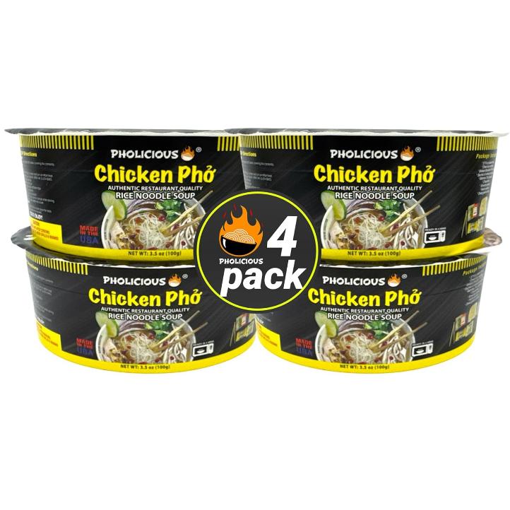 PhoLicious Instant Chicken Pho, Authentic Vietnamese Rice Noodle Soup Kit with Spices & Broth Mix, Ramen Noodles Alternative, Quick Microwave Meal - Pho Noodles Bowl - Chicken Flavor (4 Pack)