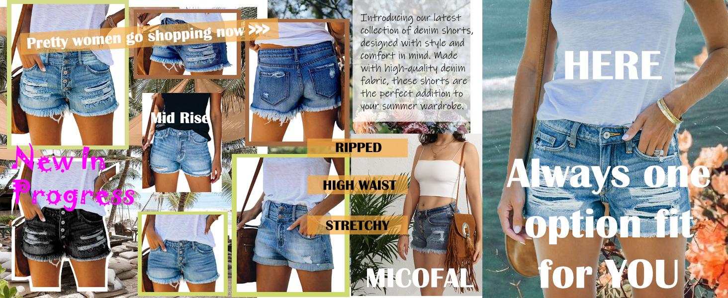 MIFOCAL Women's Mid Rise Ripped Stretchy Jean Shorts, Frayed Raw Hem Casual Denim Shorts,Slim Fit Denim Jeans&Clothing  For Women,Fashion Bottoms For Daily Wear