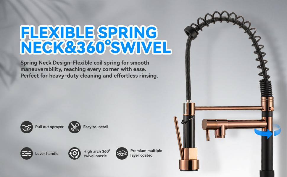 NGNP Kitchen faucet with pull-down spray, single handle double outlet commercial kitchen sink faucet, solid copper body, compatible with deck 1 or 3 holes sprayer black steel high arc Out Modern Decorative