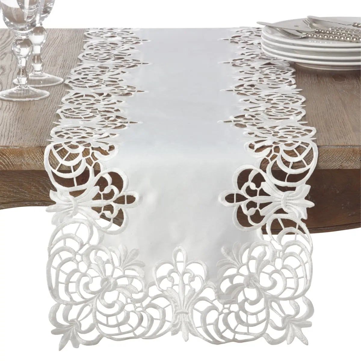 SARO 114.I1672B Woven Poly Rectangular Table Runner - 16x72 in, Ivory, Traditional Elegant Motif, Embroidered Cutwork, for Dining Room Table Decor