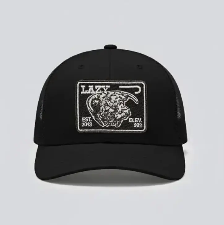 Lazy J Ranch Black & White Panel Trucker Hat | Lazy Bull Trucker Cap | Cowboy Ranch Mesh Snapback Hat | Western Cattle Flat Bill Cap
