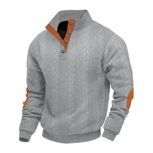 Men's Heavyweight Embossed Knit Button Stand Collar Patch Henry Long Sleeve Sweatshirt, Casual Fashion Pullover for Daily Wear