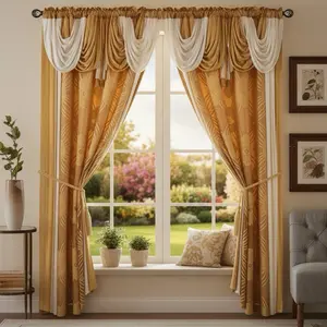 Zelda Gold Luxury Curtain Set – 2 Panel Window Drapes with Valance