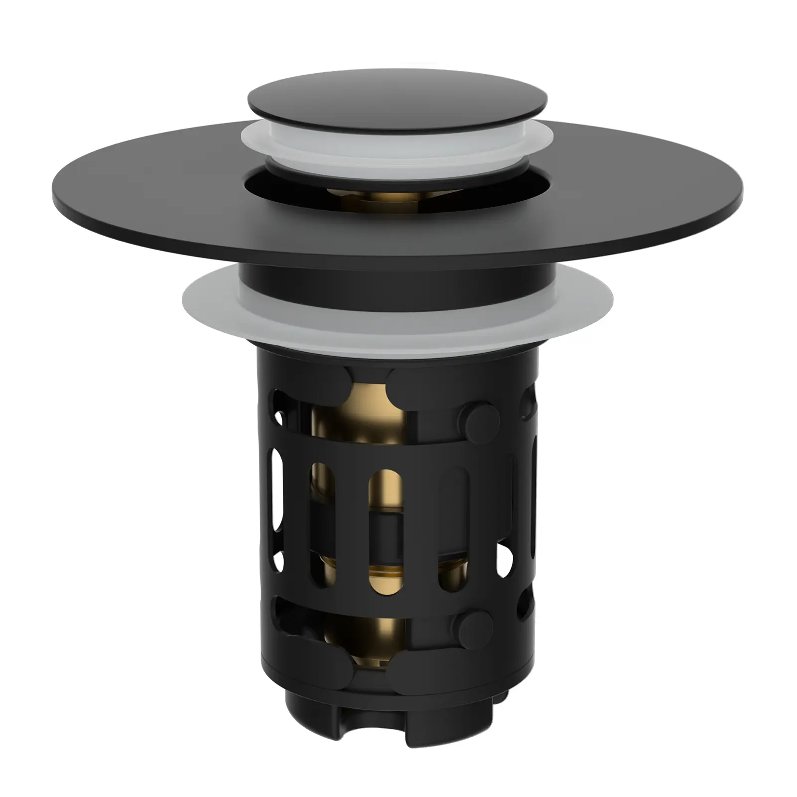 Hibbent Upgraded 3-in-1 Bathroom Sink Drain Strainer Set, Bathroom Accessories with Universal Pop-Up Stopper, Removable Stainless Steel Basket, Brass Bullet Core Plug, Hair Capture & Anti-Clogging for 1.1"-2.36" Basins, Matte Black, Bathroom Accessories S