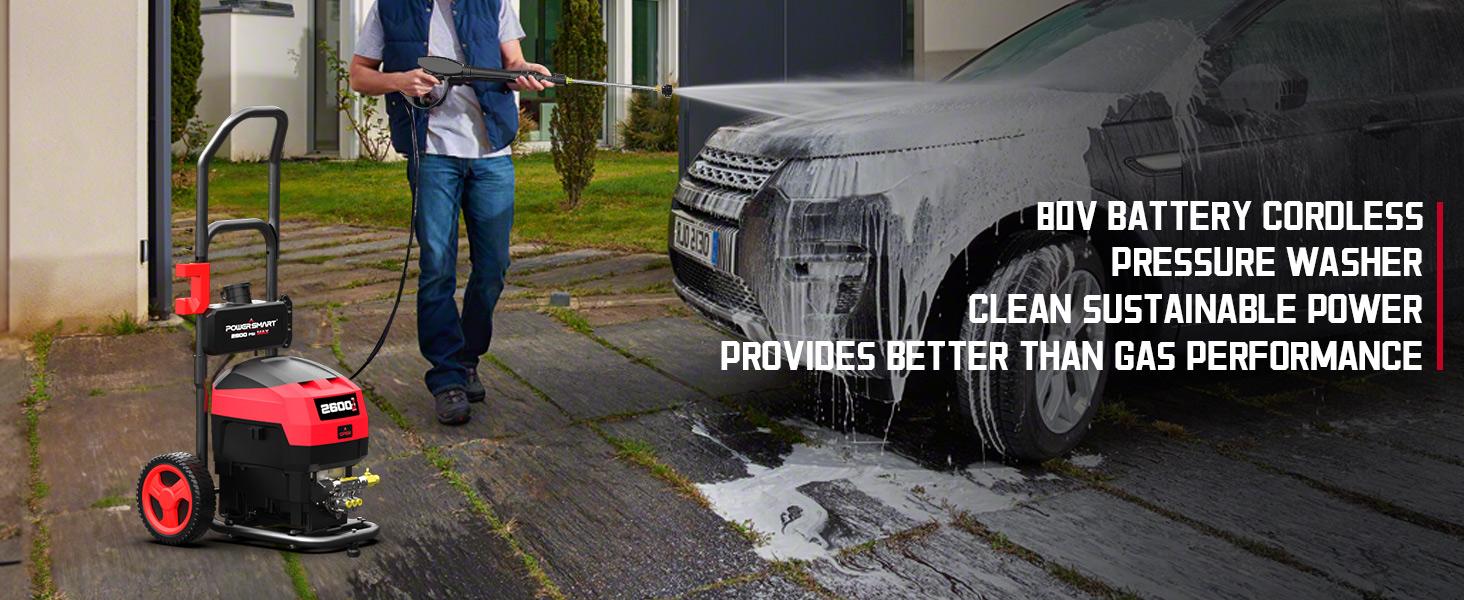 PowerSmart 80V Electric Cordless Pressure Washer, Up to 2600PSI, 1.2GPM, 5-in-1 Nozzle, 1.5L Onboard Soap Tank, Electric Power Washer with 6.0AH Battery and Charger for Decks, Cars, Fences, and Cleaning,Car Wash,Safe Operation(HB2840)