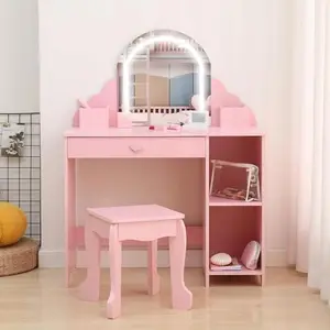Children's Lighted Dressing Table Set with LED Mirror,2 in 1 Little Girls Vanity Table & Stool,Makeup Desk with Drawers and Open Shelves,Kids Vanity and Study Desk for Bedroom Playroom,Pink