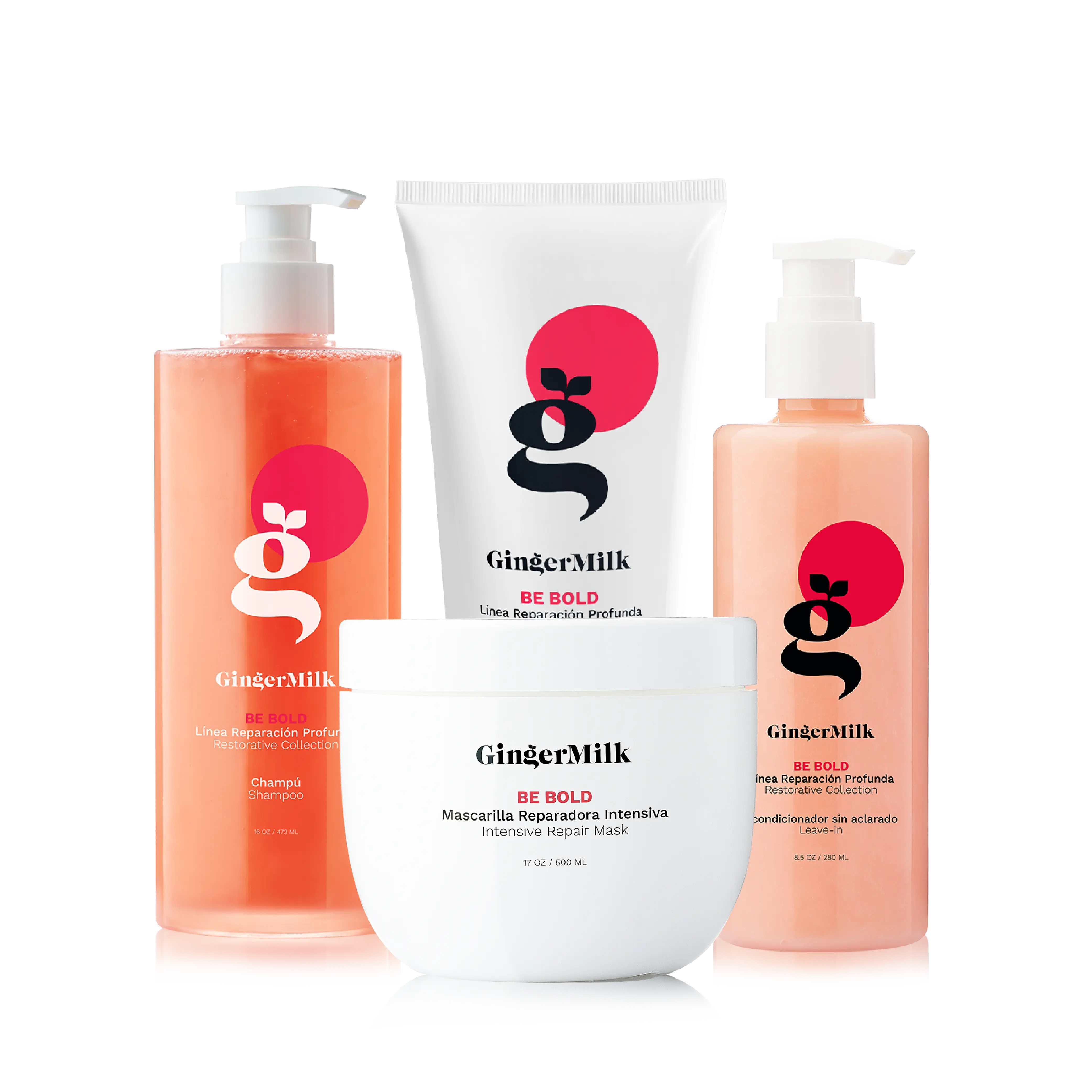 Be Bold Repair Kit | Shampoo 16 oz + Mask 17 oz + Leave-In 8 oz + Protein Gel 9 oz | Strengthening & Repairing Care for Dry, Damaged & Over-Processed Hair | Ginger Milk