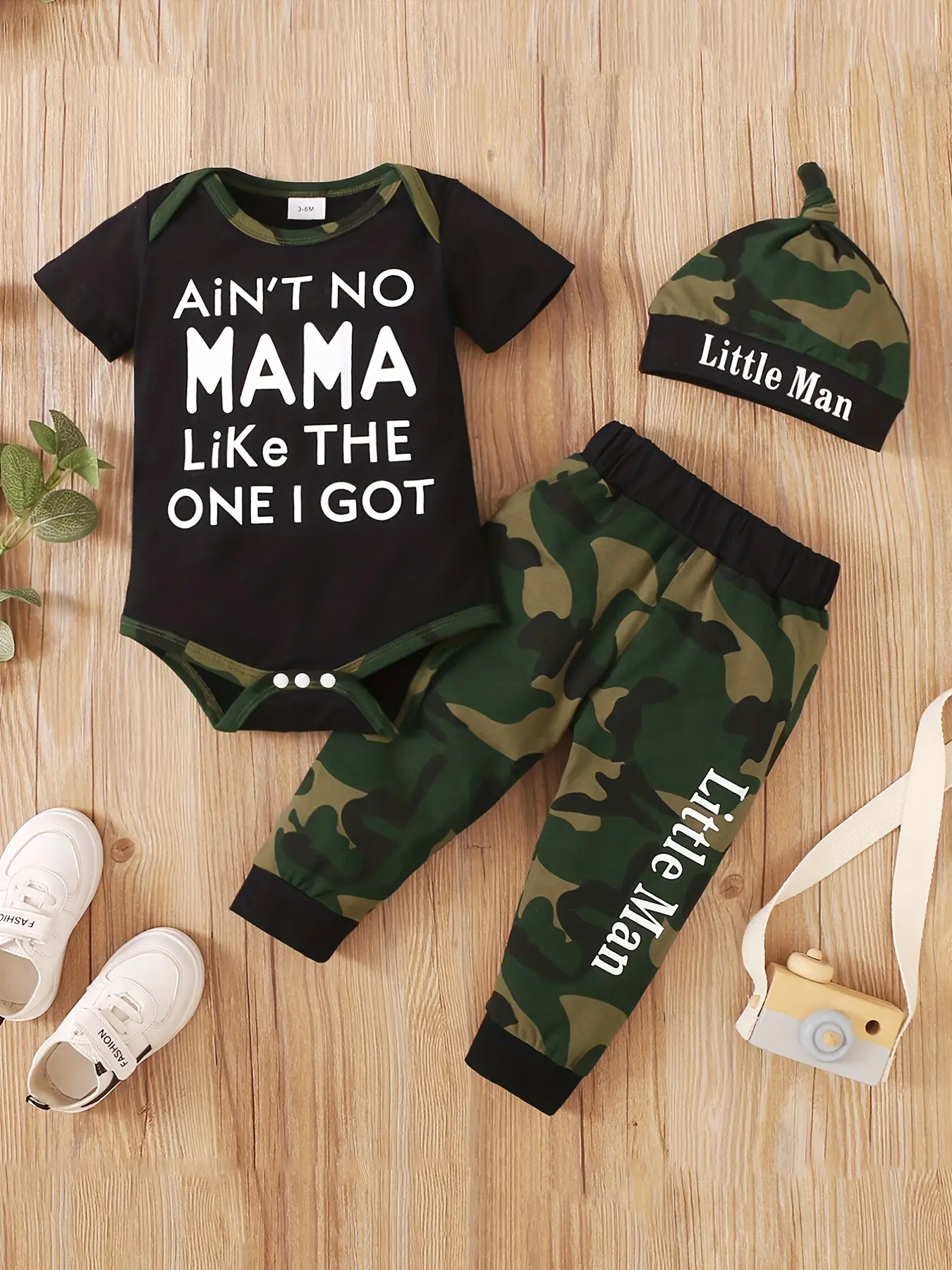 Baby Boys' 3-Piece Set, Slogan Print Romper, Camouflage Pants & Hat, Newborn Infant Outfit, Daily Wear Gift, Newborn Outfits Set