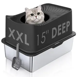 Top Entry Cat Litter Box with Lid, Stainless Steel Extra Large Enclosed Cats Kitty Litter Pan Easy Cleaning, XL Metal High Side litter Boxes Tray, Cat Box Enclosure, Never Absorb Odor or Rust