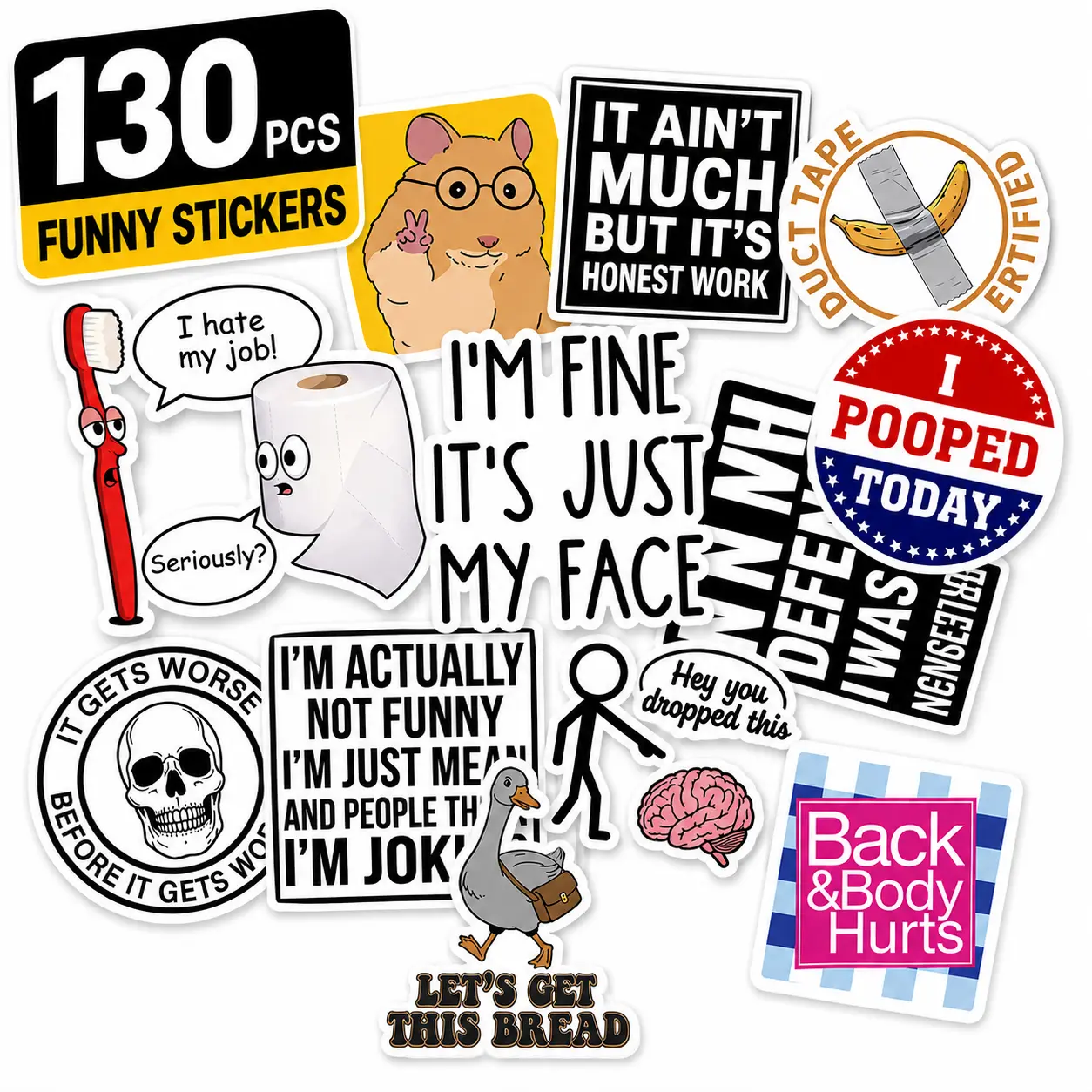 130PCS Self-Adhesive Waterproof Vinyl Decals Meme Sticker Pack - No Duplicates, Snarky Sarcastic Humor, PVC Plastic, Car & Laptop Decor, Prank Gift for Adults (Toys & Hobbies, DIY Scrapbooking Supplies)
