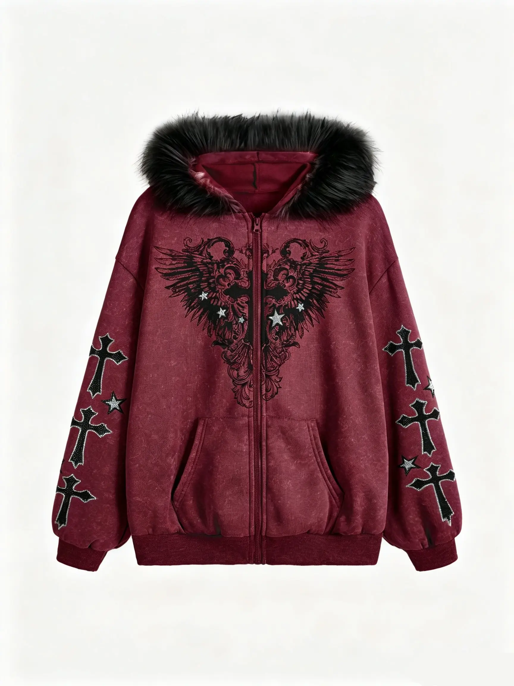 ALIELNOSIRRAH 'Divine Night' Gothic Cross Zip Up Hoodie Faux Fur Hood Vintage Y2K Angel Wing Dark Streetwear Jacket