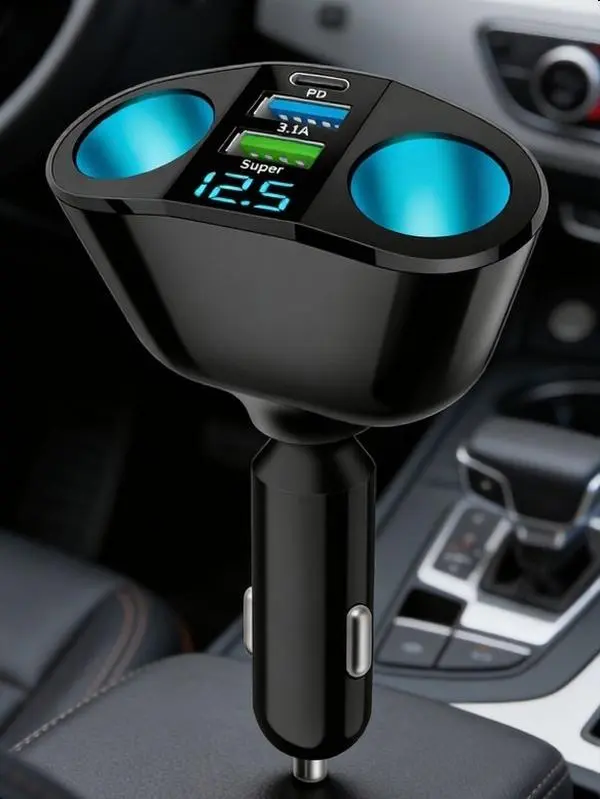 Electroplated Magnetic Charging In-Car Cigarette Lighter Splitter - 2-Socket 12-24V Charger with 360° Swivel Head, LED Voltmeter, Dual USB QC3.0, 20W PD Type-C Fast Charging, Car Interior Accessories for Smartphones, GPS