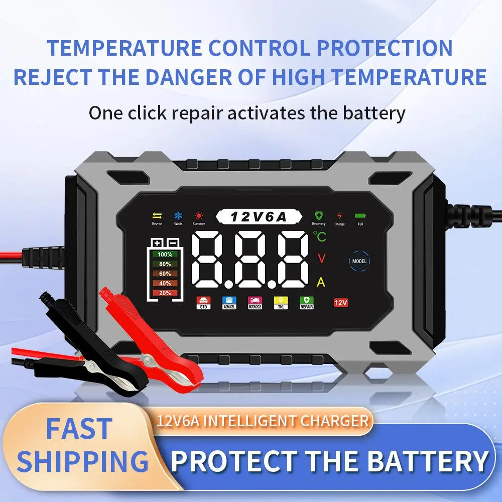 12V6A Smart Battery Charger, Maintainer & Trickle Charger for LiFePO4, Lead Acid Batteries for Motorcycle Car Truck Lawnmower Boat car battery charger, automatically stops when fully charged,car accessories