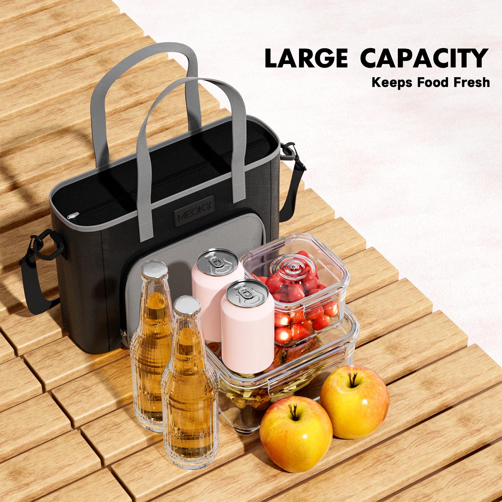 Meoky Insulated Lunch Bag Double-Layer Large Capacity Portable Tote with Detachable Strap & Top Handle Leak-Proof Water-Resistant Reusable for Work or School