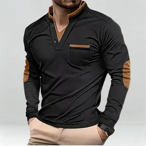 Men’s versatile collared top | faux two-piece knit layered golf polo | brown elbow detail | classic business casual / sports / travel jacket Athletic Fashion blue collar men gifts