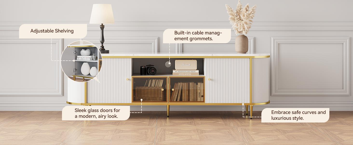 oneinmil Luxury 70" Fluted TV Stand Modern Entertainment Center for TVs Up to 80" Faux Marble Tabletop Curved Profile Design White Media Console for Living Room oneinmil Luxury 70" Fluted TV Stand Modern Entertainment Center for TVs Up to 80" Faux Marble Tabletop Curved Profile Design White Media Console for Living Room