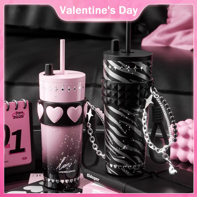 [Sidagar] Water Bottle For Valentine's Day Tumbler Cup, Heart Band Drinkware With Bracelet Charm, 316L Stainless Steel with Ceramic-Coated Interior Coffee Cups, Leak-Proof Straw Lid, Portable Flask, Fits Car Cup Holder, Women Gifts Boy Gifts24oz