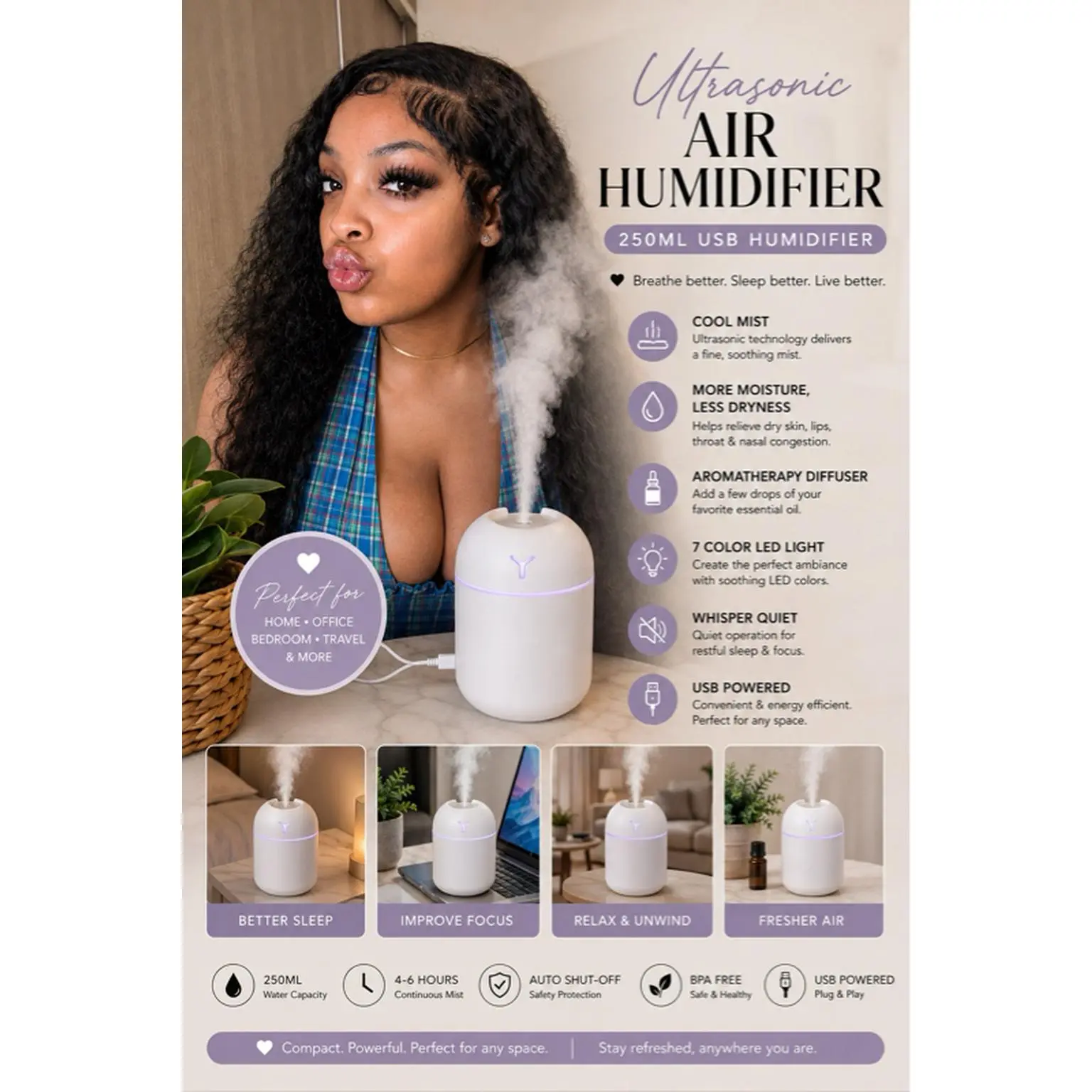 Ultrasonic Air Humidifier 250ML USB Humidifier White Color 7 Color LED Light Aromatherapy Diffuser for Home Office