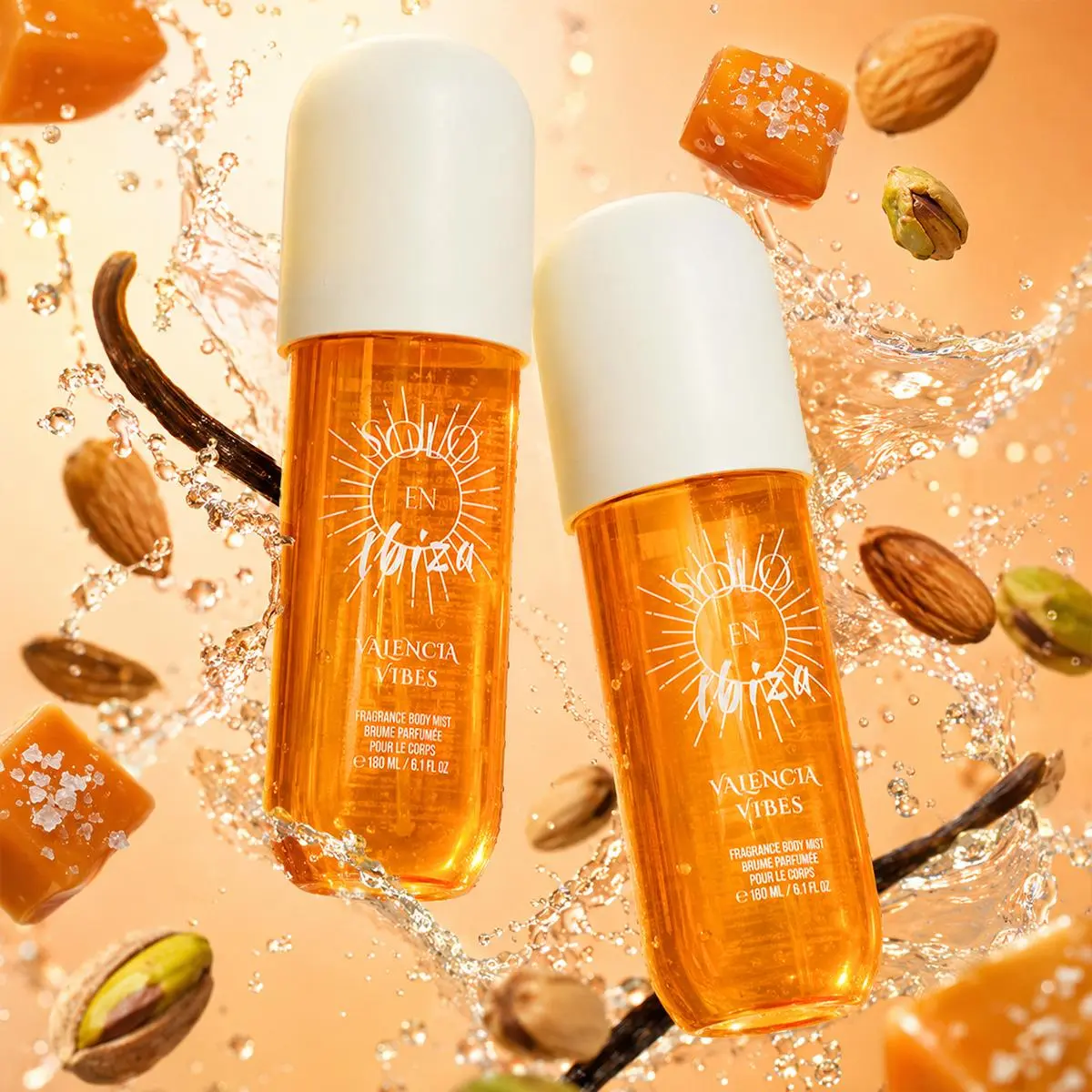 SOLO EN IBIZA Valencia Vibes Body & Hair Fragrance Mist - 6.1 fl oz Long-Lasting Gourmand Perfume with Pistachio, Salted Caramel, Sandalwood & Vanilla, Fresh Scents, Cruelty Free, Multi-Pack Compatible Hair Tips & Cloths Accessory, Fragrances Cosmetics
