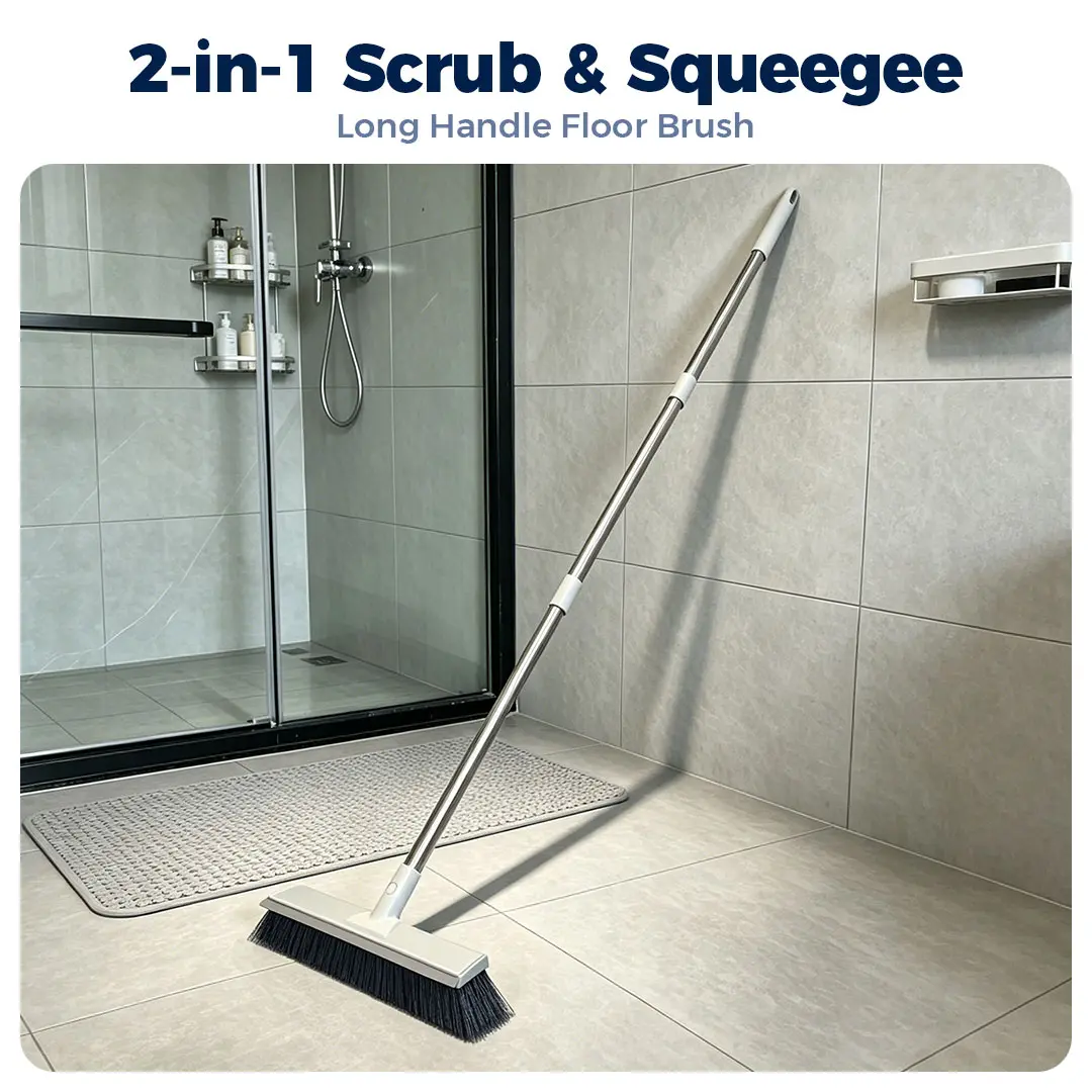2-in-1 Squeegee Broom & Stainless Steel Floor Scrub Brush Kit - 13” Extra-Wide Heavy-Duty Head, 51” Adjustable Long Handle, Scraper Tool for Tile, Bathroom Home Care (Long-Handled Brooms Included), Squeegee Brooms
