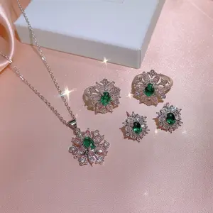 Flower Shape Green Zircon Platinum Plated Trendy Bridal Jewelry Set