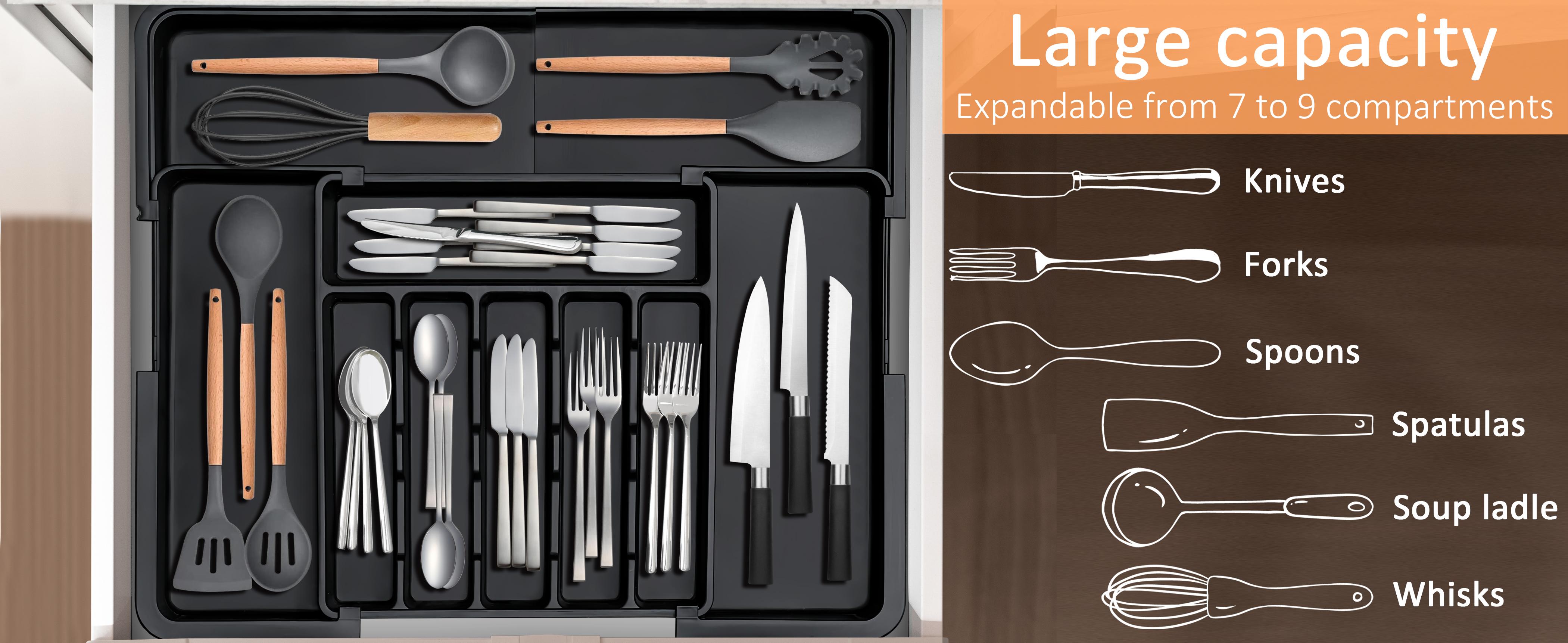【SUHOPE】【Holiday Deal】Silverware Organizer Expandable Kitchen Utensil Drawer Organizer with 9 Compartment Large Cutlery Organizer Tray for Forks Knives 13" - 22"W ,14.5" - 19"L