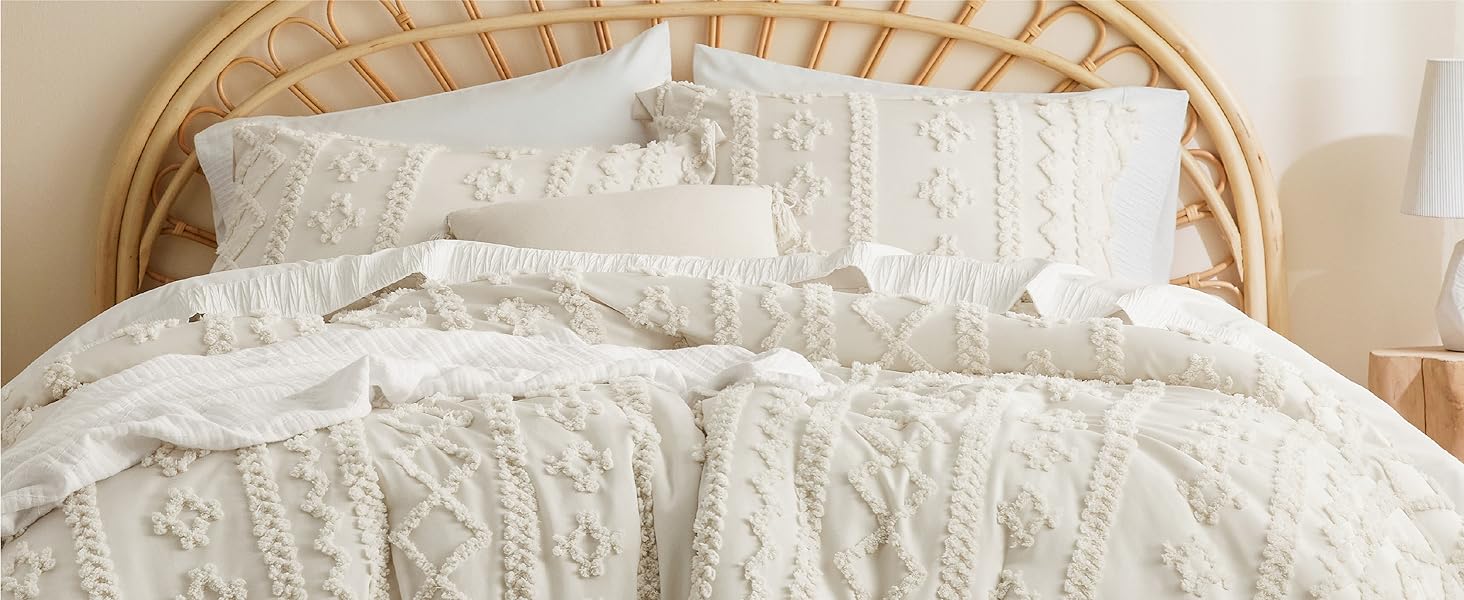 Tufted Boho Comforter Set Queen - Beige Boho Bedding Comforter Set